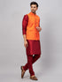 Vastramay Men's Orange Matka Silk Nehru Jacket With Maroon Silk Blend Kurta Pyjama Set